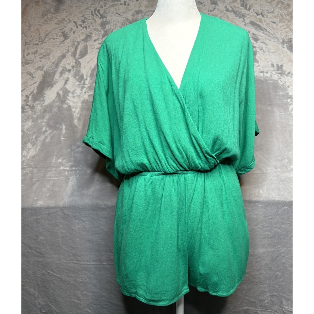 Lulus Women's Green Surplice Romper Size M Open Back Tie Elastic Waist